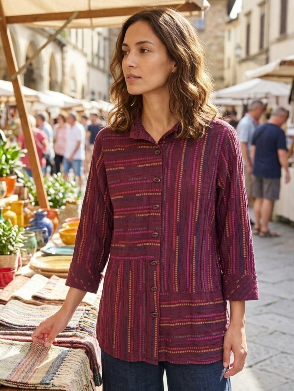 Habitat Women's Boho Artisian Plum Geometric Stripe Button Down Shirt Size Small